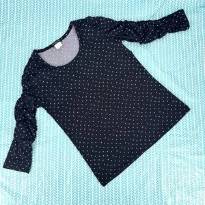 Kim & Cami Black with White Heart Polka Dots 3/4 Ruched Sleeve T-Shirt, Medium